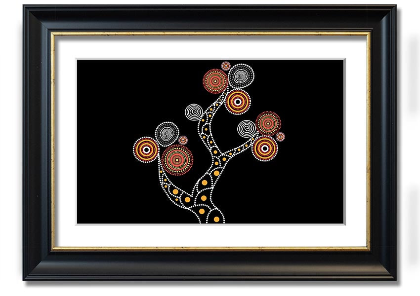 Framed Aboriginal Tree 1 print showcasing vibrant colors and intricate patterns, ready to hang.